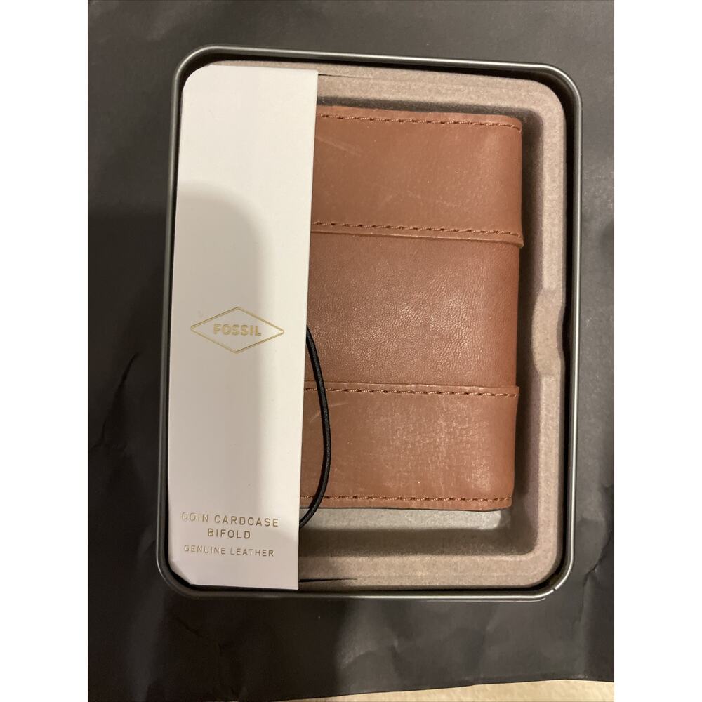 mens fossil coin cardcase bilfold leather brown new